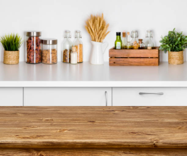 istock Wooden texture table with bokeh image of kitchen bench interior 638550200