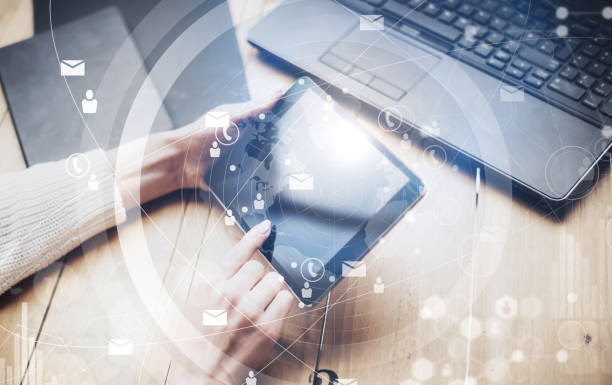 istock Concept of virtual interfaces,digital icons,online connections.Top view 638550488