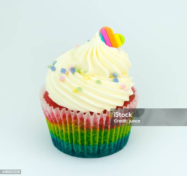 Colorful Rainbow Cupcake On White Background Stock Photo - Download Image Now - Cupcake, Rainbow, Baked