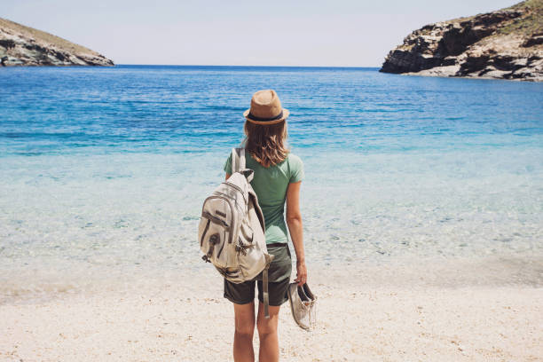 istock Young girl on a remote beach, travel concept 638557434