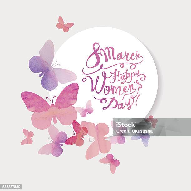 Vetores de 8 De Março Feliz Dia Da Mulher Borboletas De Aquarela Rosa e mais imagens de Borboleta
