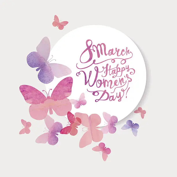 Vector illustration of 8 march. Happy Woman's Day! Pink watercolor butterflies