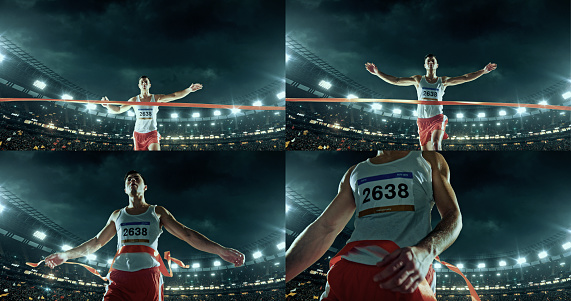 Female track and field runner crosses finishing line on the professional sports arena with bleaches full of people. The woman is happy, smiling with her arms raised.  Arena and people on it are made in 3D and animated.