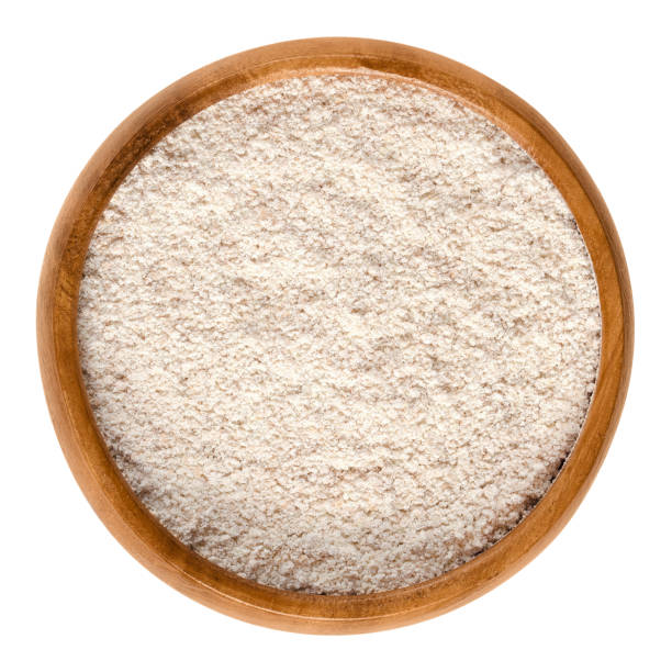 whole-wheat flour, wholemeal flour in wooden bowl - whole wheat flour imagens e fotografias de stock