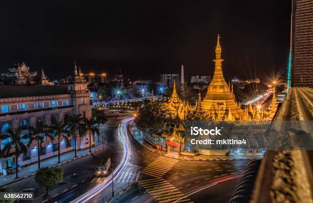 Sule Pagoda With Traffic Light At Night Stock Photo - Download Image Now - Yangon, Long Exposure, Cityscape