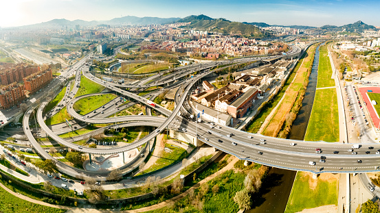 Aerial view of the motorway interchange to access Barcelona, Spain.