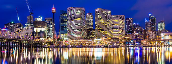 Panorama image of Darling Harbour with downtown Sydney at dusk.