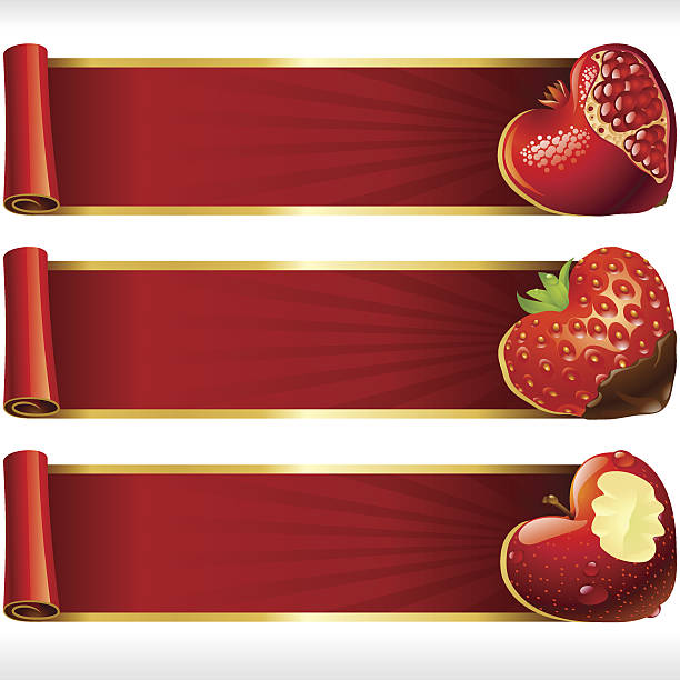 Vector Fruit Hearts and Red Ribbons horizontal Banners set Cute Fruit Hearts and Red Ribbons horizontal Banners set. Juicy Pomegranate, Chocolate Covered Strawberry, and Bitten Apple. Valentines Day celebration or Romantic Lovely Frames Design isolated on white background. Vector Illustration apple with bite out of it stock illustrations