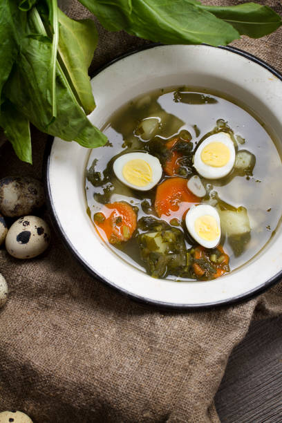 istock Young sorrel and quail egg soup 638576262