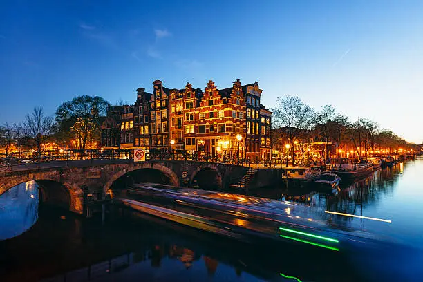 Amsterdam canal houses, bicycles and bridge in the Jordaan neighborhood by night in Netherlands. Shot in long exposure on blue hours. XXXLarge