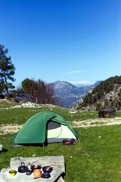 istock Camping with a tent in the mountains. 638581590