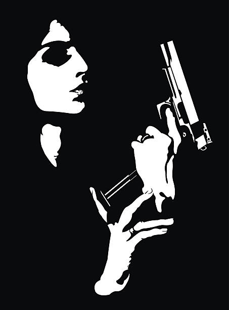 Femme fatale reloading gun abstract portrait. vector art illustration