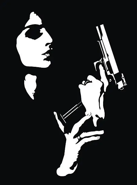 Vector illustration of Femme fatale reloading gun abstract portrait.