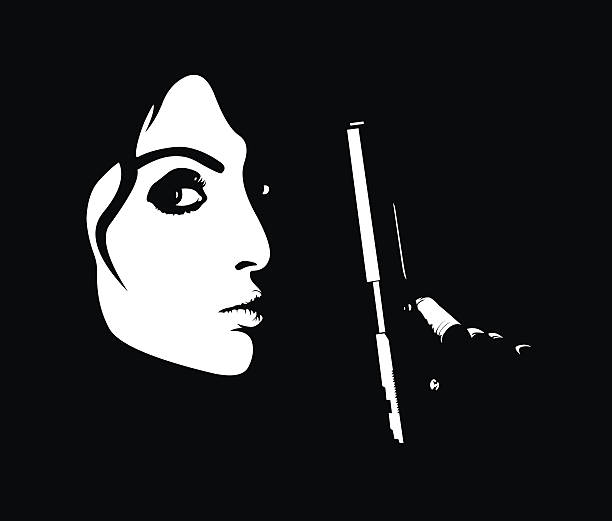 拳銃を持つ若い危険な女性のミニマルなプロフィール - femme fatale点のイラスト素材／クリップアート素材／マンガ素材／アイコン素材