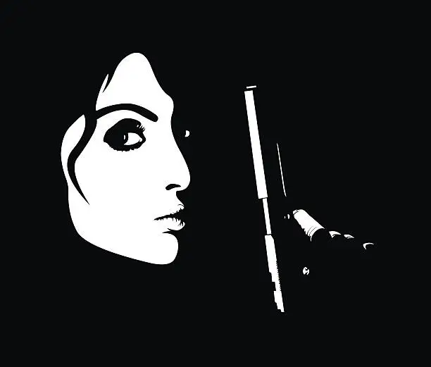 Vector illustration of Minimalistic profile of young dangerous woman holding handgun