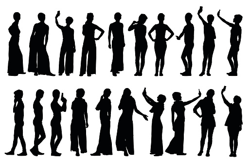 Collection of different short hair woman silhouettes in various lifestyle poses. Easy editable layered vector illustration.