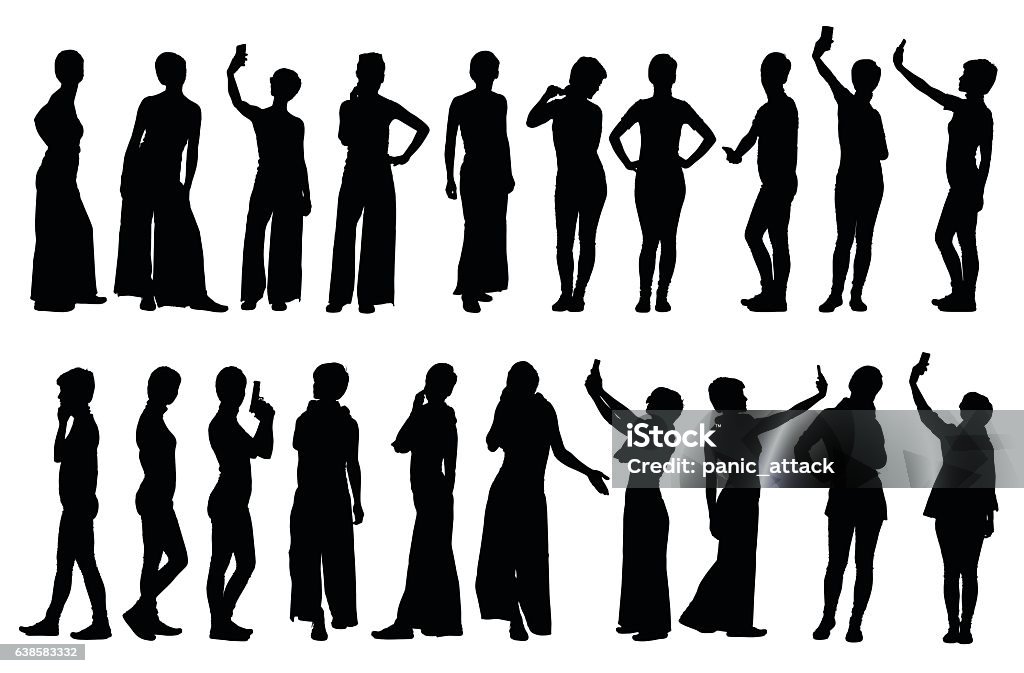 Collection of different short hair woman silhouettes in various poses Collection of different short hair woman silhouettes in various lifestyle poses. Easy editable layered vector illustration. In Silhouette stock vector