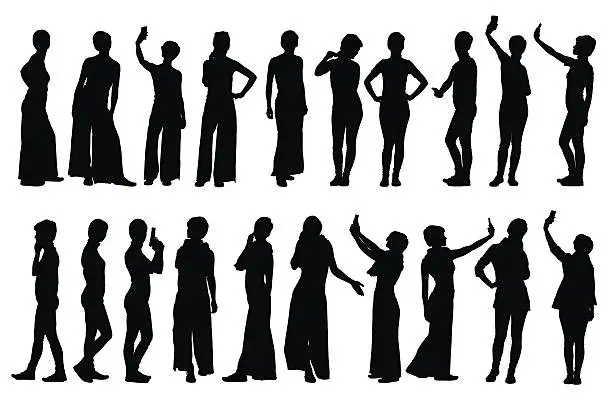Vector illustration of Collection of different short hair woman silhouettes in various poses