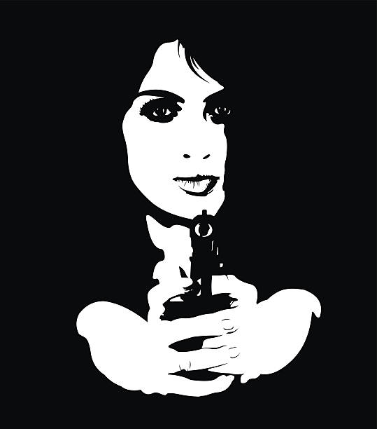 Portrait of young dangerous female spy aiming gun at camera vector art illustration