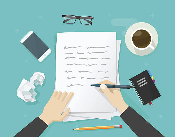 Writer writing on paper sheet, workplace, author desktop, write letter Writer writing on paper sheet vector illustration, flat cartoon person hands with pen on working table with text, workplace top view, desktop with writing letter, journalist author wokspace writing activity illustrations stock illustrations