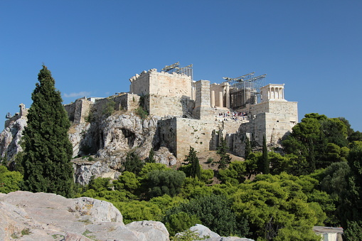 A view of the gate area of the Acropolis in Athens, Greece taken from Mars Hill.