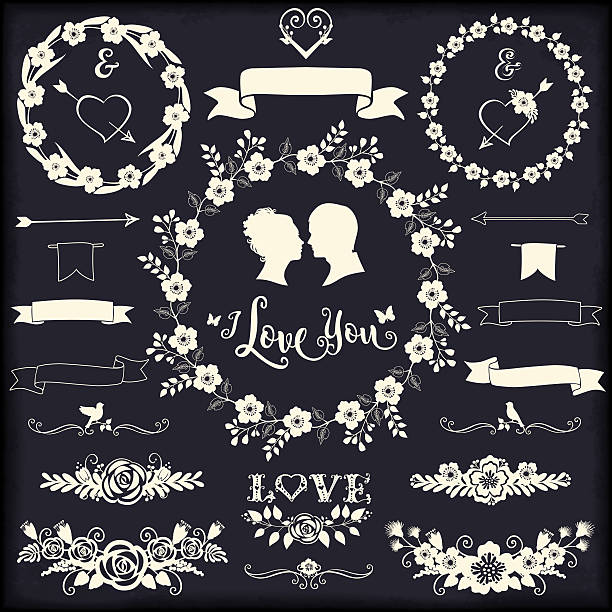 ilustrações, clipart, desenhos animados e ícones de elementos de design floral para casamentos e cartões de gratidão coleção romântica - wedding black and white weddings rose