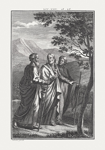 Jesus Walks the Road to Emmaus (Luke 24). Copper engraving by Carl Schuler, published c. 1850.