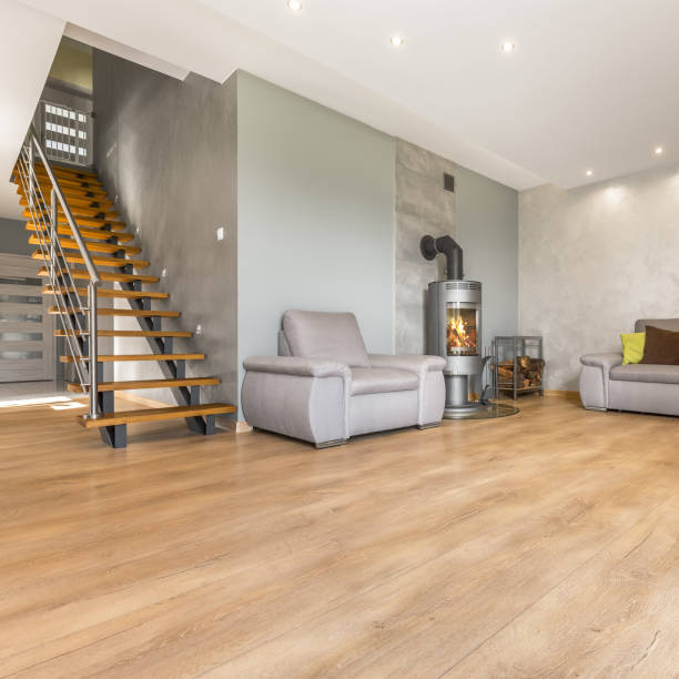 istock Spacious living room with stairs 638592340