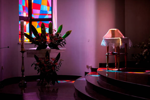 istock Beautiful church decorated for wedding ceremony 638593548
