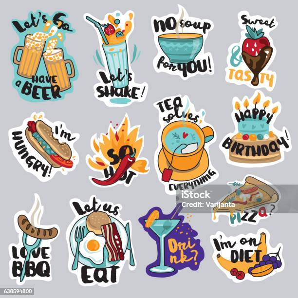 Set Of Funny Food And Drink Stickers For Social Network Stock Illustration  - Download Image Now - iStock