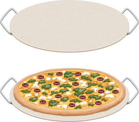 Greek Pizza on a ceramic pizza stone, side view