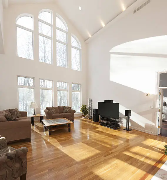 Photo of Spacious bright family room with cathedral ceiling and window wall