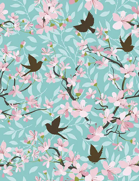 Vector illustration of Cherry Blossoms And Sparrows Seamless Pattern