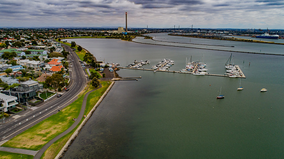 Melbourne's Hobson's Bay as seen from above Williamstown on a gloomy summer morning.