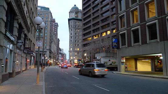 Boston, Massachusetts, USA - March 10, 2016: Early morning quiet with only light traffic on Boston street