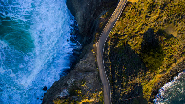 Aerial view of road next to ocean