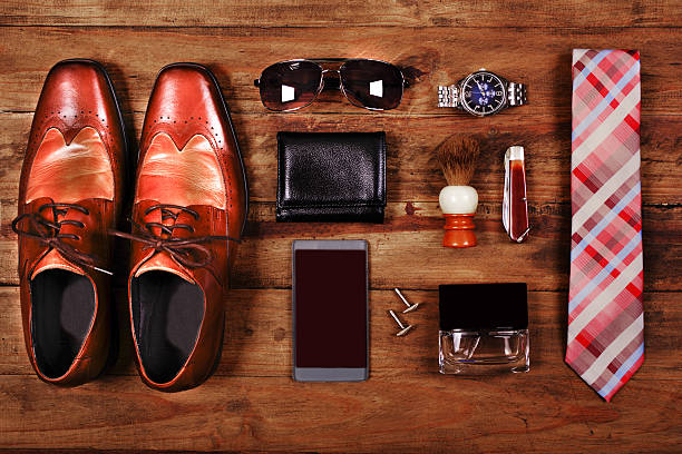 istock Men's accessories organized on table in knolling arrangement 638607922