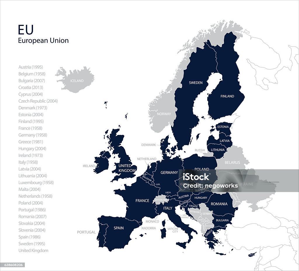 Map of European Union with countries list. Map of European Union with countries list. Vector.  Europe stock vector