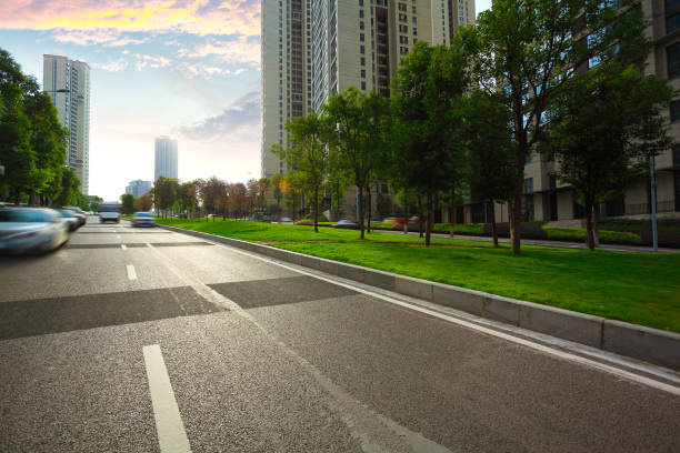 istock Empty road surface floor with City streetscape buildings 638608218
