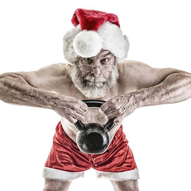 산타 클로스 과시 떨어져서 들어 올리는 무거운 주전자 벨 무게 - dumbbell close up human muscle sports and fitness 뉴스 사진 이미지