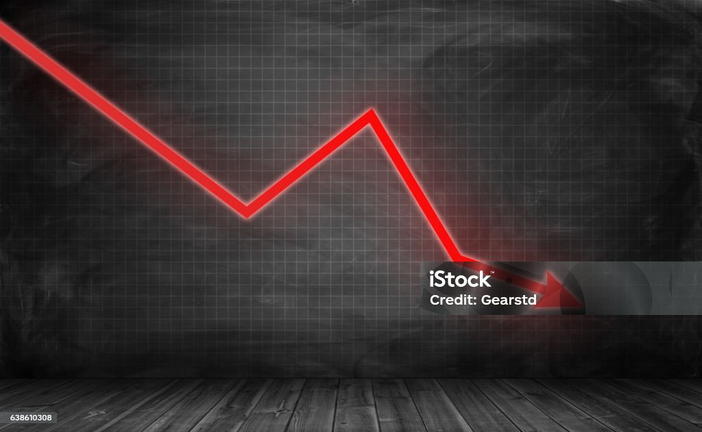 Abwärts glühender roter Pfeil auf grauem Statistischem Rasterhintergrund - Lizenzfrei Hinunter bewegen Stock-Foto