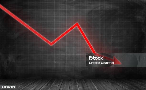 Downwards Glowing Red Arrow On Grey Statistic Grid Background Stock Photo - Download Image Now