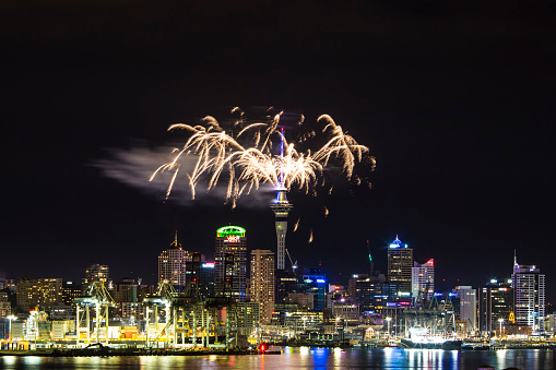 Auckland, New Zealand - December 31, 2016: New Year Fireworks in Auckland Skytower