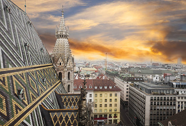 View from Stephansdom- St. Stephen Cathedral in Vienna, Austria View of Vienna at sunset from Stephansdom- St. Stephen Cathedral in Vienna, Austria st. stephens cathedral vienna photos stock pictures, royalty-free photos & images