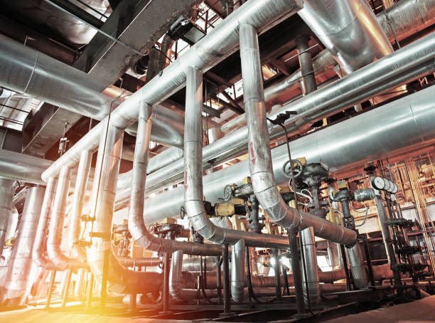 zona industriale, in acciaio e valvole pipeline  - valve chemical plant oil industry foto e immagini stock