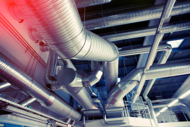 System of industrial ventilating pipes stock photo