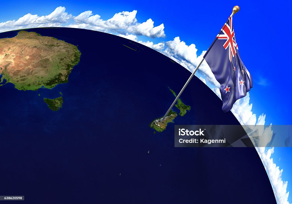 New Zealand national flag marking country location on world map 3D render of the national flag of New Zealand over the geographic location of the country on a world map. Parts of this image furnished by NASA. New Zealand Stock Photo