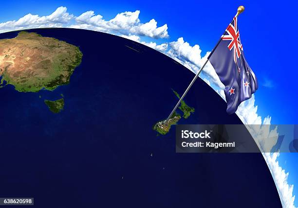 New Zealand National Flag Marking Country Location On World Map Stock Photo - Download Image Now