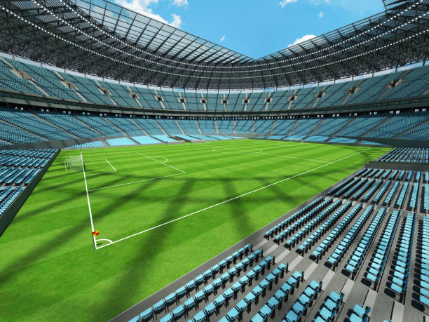 Beautiful modern football soccer stadium with  sky blue seats Beautiful modern round football -  soccer stadium with  sky blue seats and VIP boxes for hundred thousand fans sod roof stock pictures, royalty-free photos & images