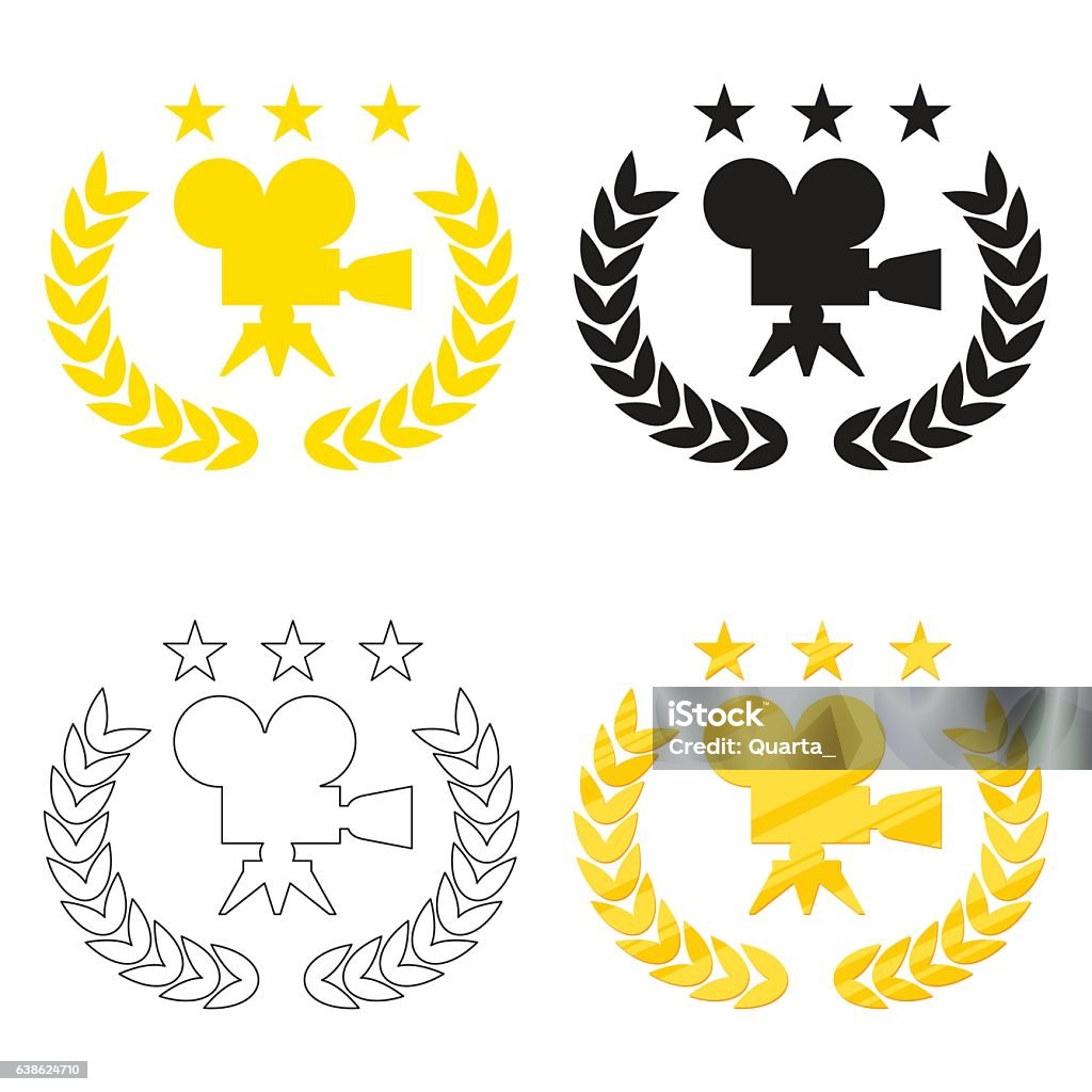 film festival award Film Award for the best film in the form of logo with camera and laurel branch. Movie Theater, Cinematic Award, Movie Premiere. Flat vector cartoon illustration. Objects isolated on white background. Oscar Statuette stock vector